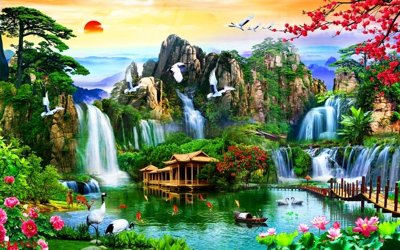 File in trần Tranh sơn thủy thác nước phong thủy ST3165 (bản gốc 3D) sống động