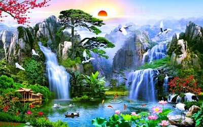 File gốc Tranh sơn thủy thác nước phong thủy ST3169 (in 3D) cho trang trí