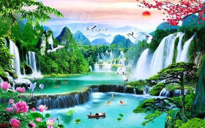 File gốc Tranh sơn thủy thác nước phong thủy ST3170 (in lụa) trang trí tường