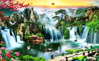 File tranh Tranh sơn thủy thác nước phong thủy ST3172 (gốc) chủ đề động vật