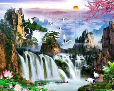 File gốc in ấn Tranh sơn thủy thác nước phong thủy ST3184 độ phân giải cao