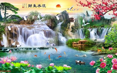 File tranh Tranh sơn thủy thác nước phong thủy ST3189 (bản gốc) trang trí văn phòng