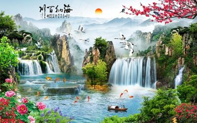 File PSD Tranh sơn thủy thác nước phong thủy ST3195 (gốc) cho designer