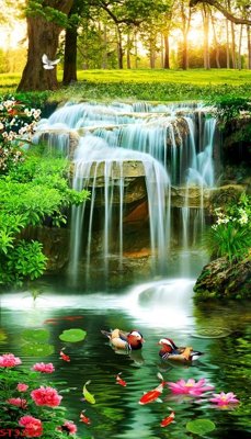 File tranh gốc Tranh sơn thủy thác nước phong thủy ST3205 (sắc nét từng chi tiết)