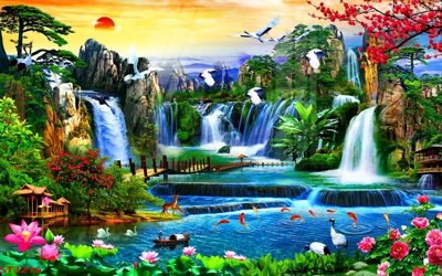 Ảnh gốc Tranh sơn thủy thác nước phong thủy ST3216 (nét căng) in mica