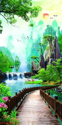 File in lụa Tranh sơn thủy thác nước phong thủy ST3225 (phong cảnh) Tranh sơn thủy thác nước phong thủy ST3225