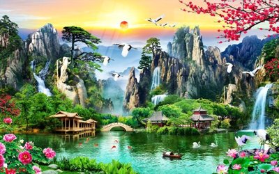 File tranh Tranh sơn thủy thác nước phong thủy ST3230 (file gốc) chủ đề phong thủy