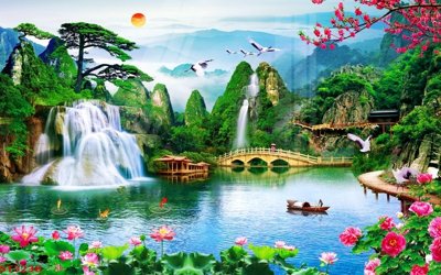 File gốc Tranh sơn thủy thác nước phong thủy ST3238 (cho in 3D) độc đáo