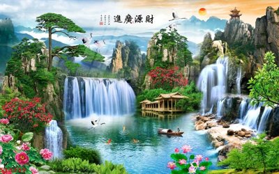 Ảnh gốc Tranh sơn thủy thác nước phong thủy ST3239 (độ nét cao) in mica