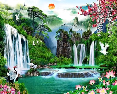File in lụa Tranh sơn thủy thác nước phong thủy ST3242 (hoa văn) Tranh sơn thủy thác nước phong thủy ST3242