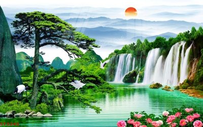 File in trần Tranh sơn thủy thác nước phong thủy ST3245 (bản gốc) đại dương
