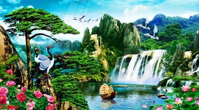 File in ấn Tranh sơn thủy thác nước phong thủy ST3248 (bản gốc) sắc nét