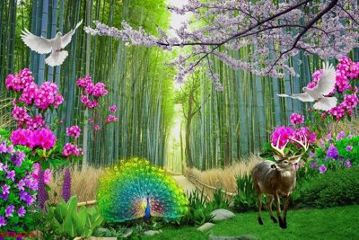 File gốc Tranh sơn thủy thác nước phong thủy ST3274 (in lụa) tranh mã đáo