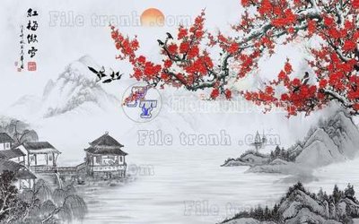 File tranh gốc in trần nhà File tranh gốc tranh tường hoa thủy mặc trung quốc TTQ300 3D