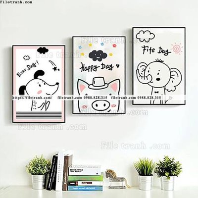 File gốc tranh bo 3 tranh hoat hinh tre em ngho nghinh 506 (in lụa) tranh mã đáo