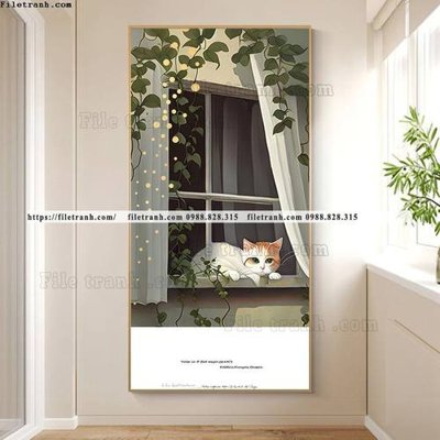 Ảnh mô tả file gốc in mica tranh con meo ve tay ben cua so 518