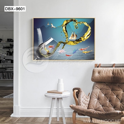 Tranh tráng gương chiếc ly nghệ thuật cá chép và hoa sen-dbx-9601