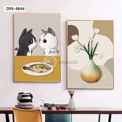 Tranh Treo Tường Tráng Gương trang trí phòng bé con mèo và lọ hoa-DIN-9644