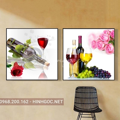 Tranh ẩm thực, bộ 2 bức, chai rượu vang nho tuyệt hảo-E-471