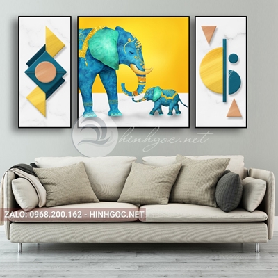 Tranh trang trí, bộ 3 bức mẹ con voi xanh và hình line art-F-152