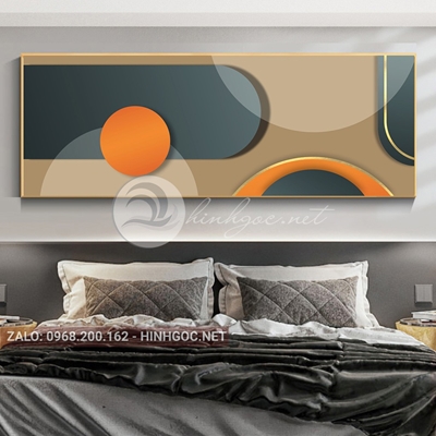 Tranh trừu tượng, quả cầu tròn màu cam và hình line art -F-266