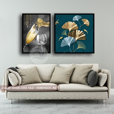 Tranh bộ 2 bức tranh ẩm thực chiếc ly và hoa lá vàng-F-549