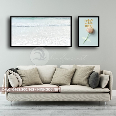 Tranh bộ 2 bức tranh phong cảnh biển và bông hoa love-F-555