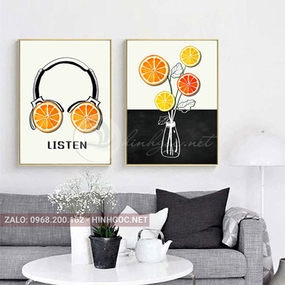 Tranh bộ 2 bức tranh hiện đại nghệ thuật ẩm thực âm nhạc hoa quả-F-583
