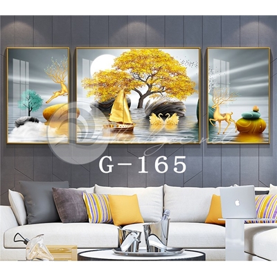 Tranh bộ 3 bức ghép hươu, đá cuội, cây, chim thiên nga đẹp-G-165