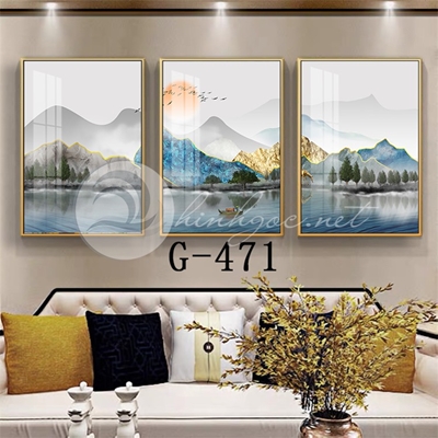 Tranh bộ 3 bức, tranh sơn thủy hữu tình, hươu và núi-G-471