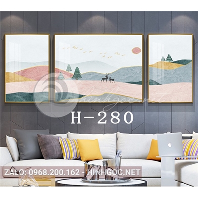 Bộ 3 tranh sơn thủy dãy núi trùng điệp, đôi hươu, cây thông-H-280