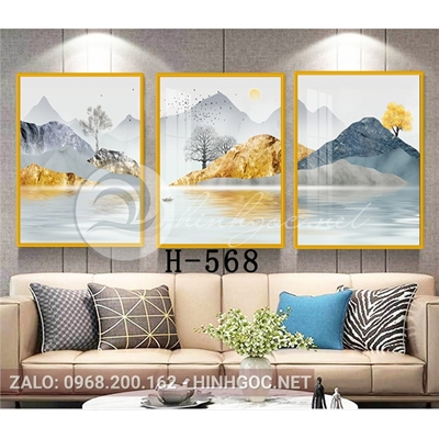 Tranh bộ 3 bức, phong cảnh sơn thủy thuyền và núi-H-568