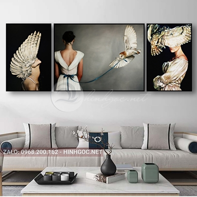 Tranh hiện đại bộ 3 bức chân dung cô gái đôi cánh thiên thần-K-40