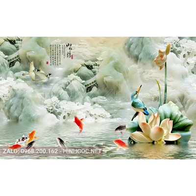 Tranh dán tường 3d hoa sen và cá chép trang trí đẹp-LYFA-046