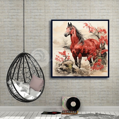 Tranh con ngựa và hoa đào trang trí tài lộc-MAI-194