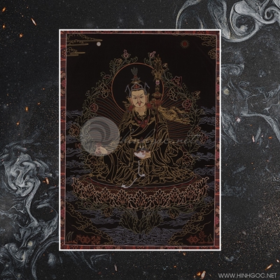 Tranh Thangka Guru Padmasambhava (tổ sư bí mật Tây Tạng, bát Gabala thuận tay trái,chày Vajra thuận tay phải)sách lụa cuộn dọc-NHA-264