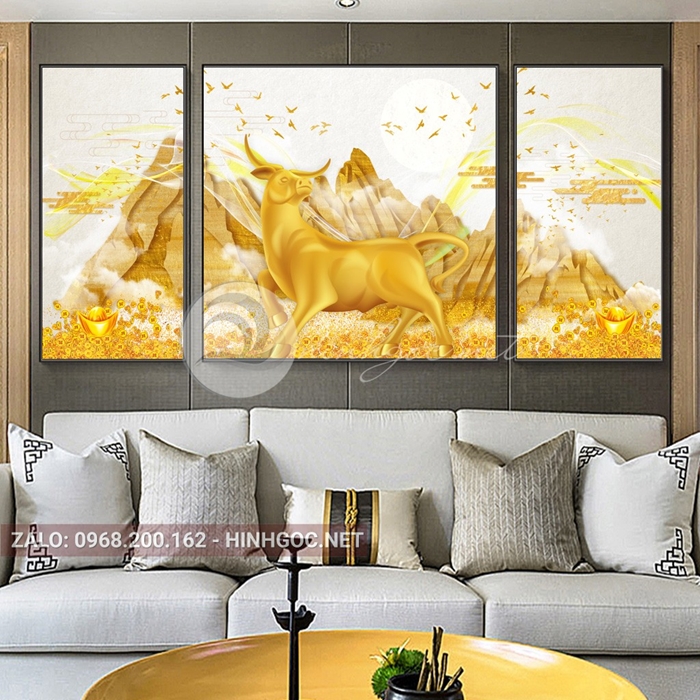 Tranh tết, bộ 3 bức tê giác vàng, dãy núi vàng nghệ thuật-NTS-25