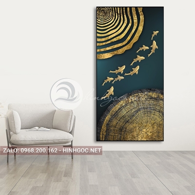 Tranh cửu ngư quần hội, đàn cá vàng, hình tròn họa tiết-PLT-S-1552
