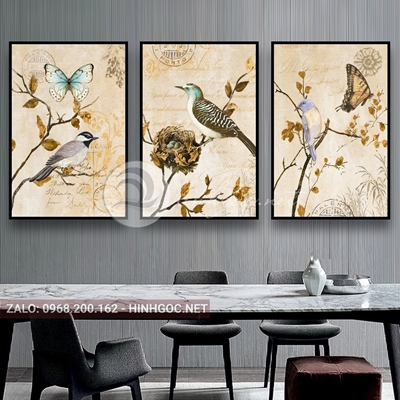 Tranh treo tường, bộ 3 bức chim và bướm đậu trên cành hoa đẹp-QDS-302