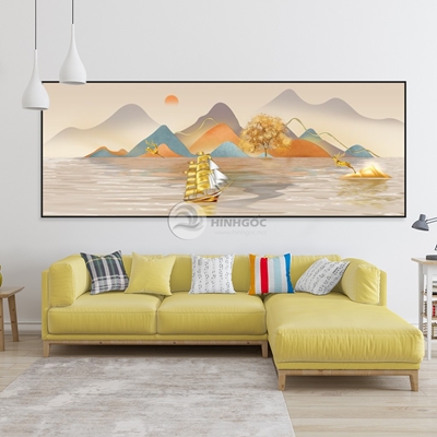 Tranh trừu tượng màu sắc phong cảnh biển thuyền núi-SLH-7007