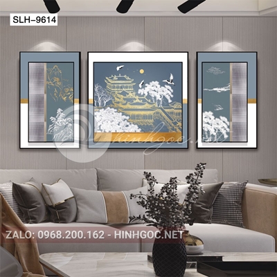 Tranh bộ 3 bức, tranh sơn thủy hữu tình ngôi chùa bình yên-slh-9614