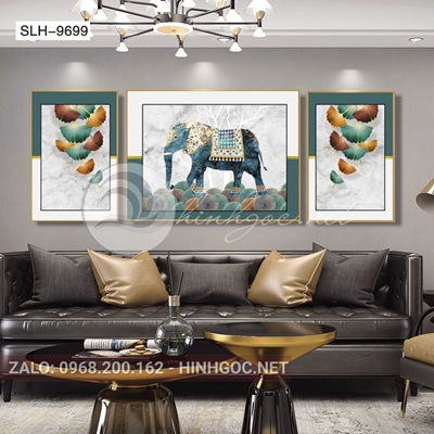 Tranh bộ 3 bức, tranh con voi xanh và lá họa tiết-slh-9699