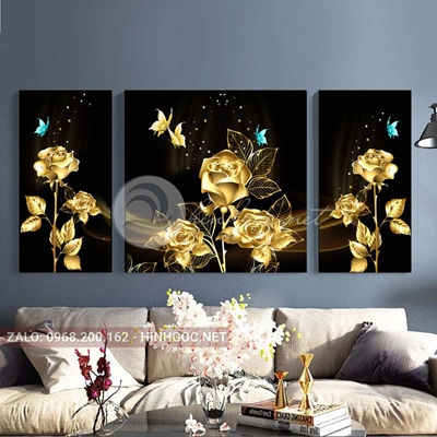 Tranh bộ 3 bức, tranh hoa hồng vàng và con bướm-THC-68