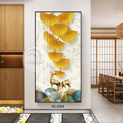 Tranh hiện đại tranh con hươu và cành lá vàng trang trí-XG-8204