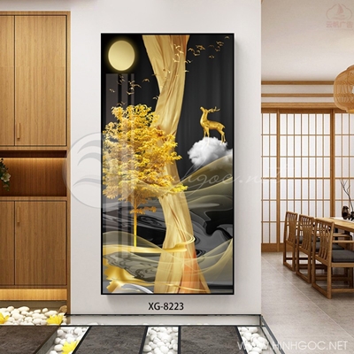Tranh tráng gương treo phòng khách hiện đại hươu vàng đứng trên dải vân-XG-8223