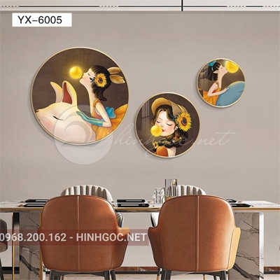 Tranh tròn bộ 3 bức tranh chân dung cô gái thổi bóng-yx-6005